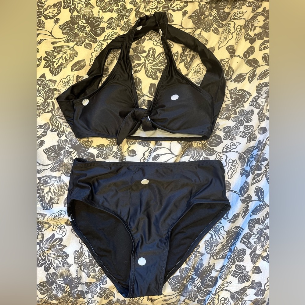 Black polka dot bikini with high waisted bottoms - new in packaging